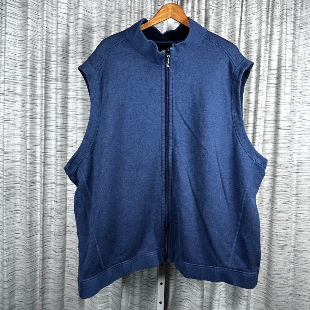 Tommy Bahama Mens Blue Heathered Full Zip Mock Neck Vest Marlin Logo XL EUC Cott